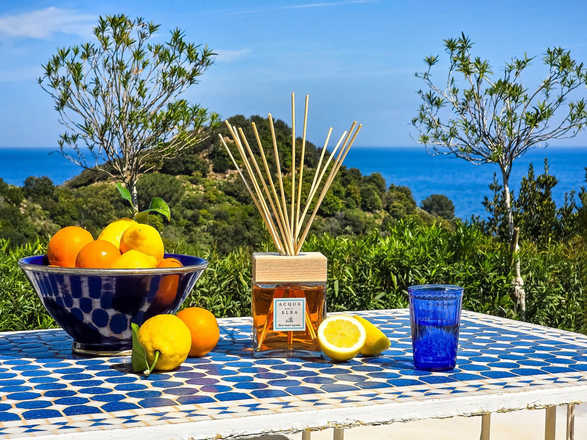 A reed diffuser bottle with wooden reeds stands on a blue-and-white tiled table outdoors, surrounded by lemons and oranges, with a bowl of citrus, greenery, and a blue sea background.